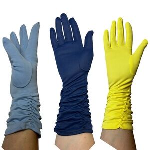 Three Pair Vintage Gloves with Rouge Ruffled Wrist Detail 100% Nylon Blue Yellow
